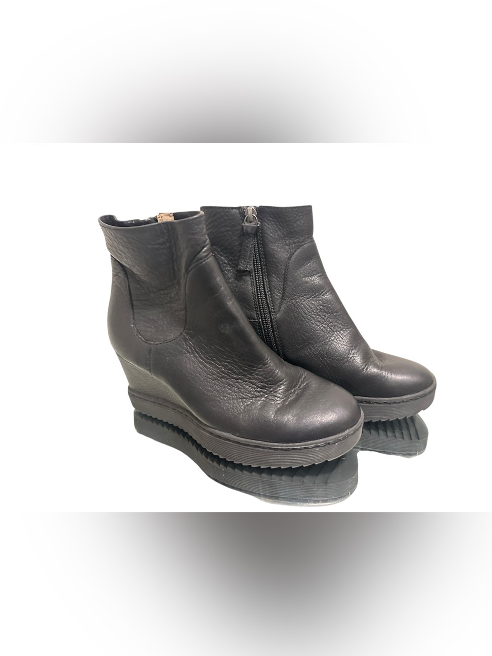 Black Leather Wedge Ankle Boots with Side Zip